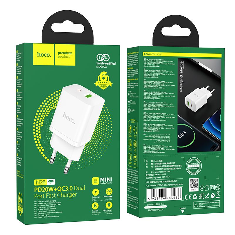 Hoco Dual Port Fast Charger PD20W USB / USB-C N28 Hoco Dual Port Fast Charger PD20W USB / USB-C N28